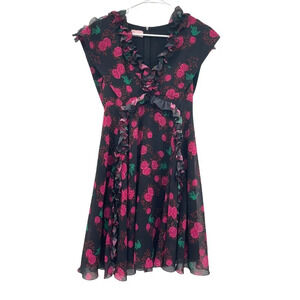 Giamba Dress Women's Rose Cap Sleeve Ruffle V-Neck Black Pink Size 40 EU XS